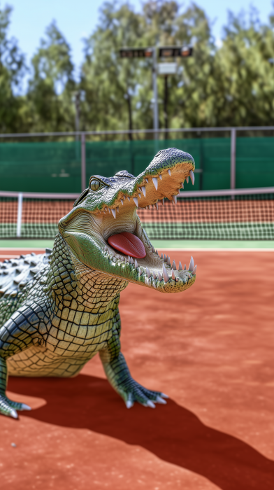 Green Crocodile on Tennis Court