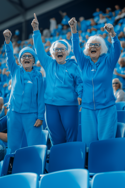 Elderly Women Cheering Up in Blue Stadium