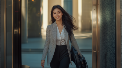 Stylish Asian Woman Exiting Office Building