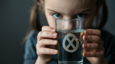 Child drinking dirty water with toxic symbol