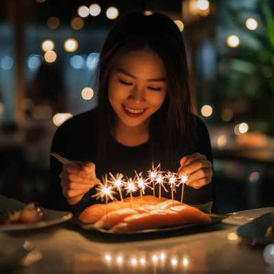 Birthday Celebration with Salmon Sashimi and Gold Firework Candles