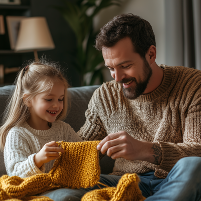 Father and Daughter Knitting Together