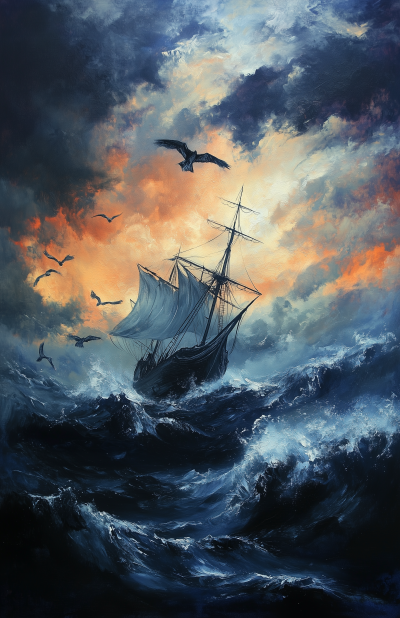 Ghostly Ship Battling Stormy Seas