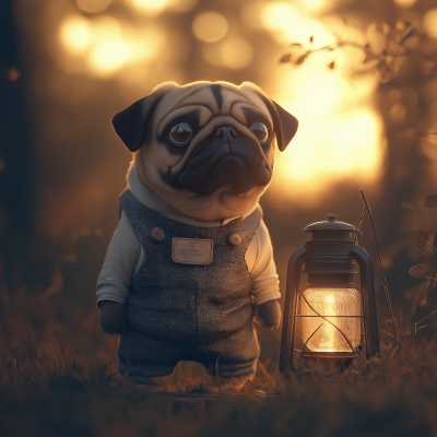 Pug in Human Clothing by Lantern at Golden Hour