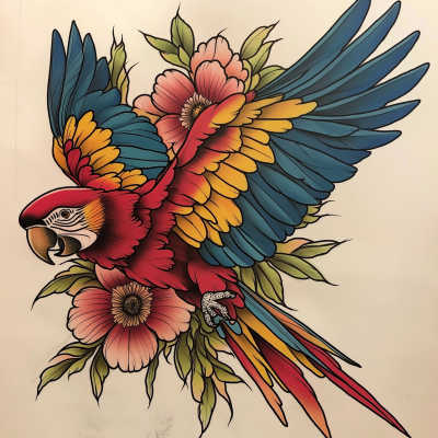 Colorful Parrot Neotraditional Tattoo Design