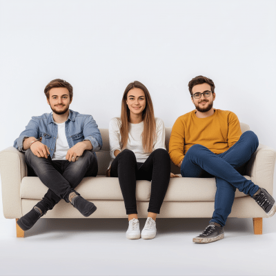 Three people sitting on a white couch