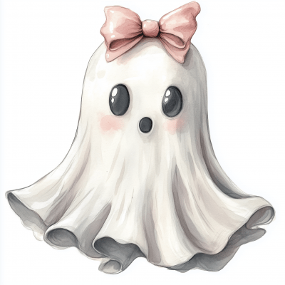 Cute Ghost with Pin Coquette Bow Watercolor Illustration