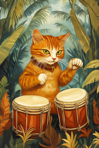 Cat Playing Bongos in Tropical Setting