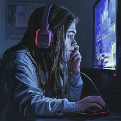 Blushing Teenage Girl Playing PC Video Game