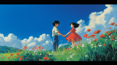 80s Anime Boy and Girl Holding Hands in a Flower Field