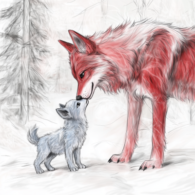 Dire Wolf and Wolf Cub in Winter Forest