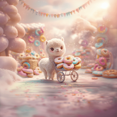 Baby Alpaca Pushing Donut Cart