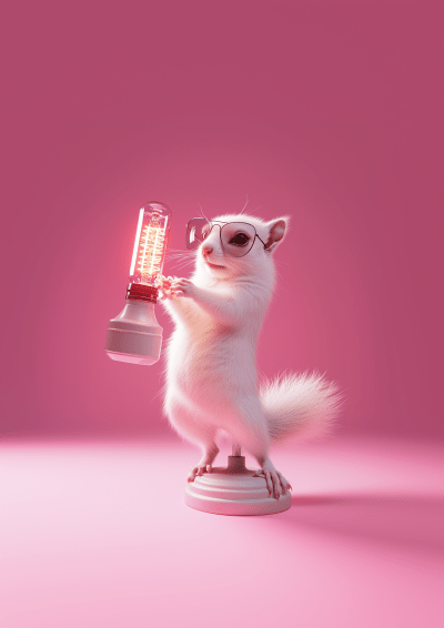 Smiling White Squirrel Dancing on Edison Lamp