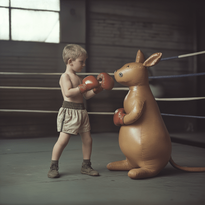 Young boxer training with inflatable kangaroo