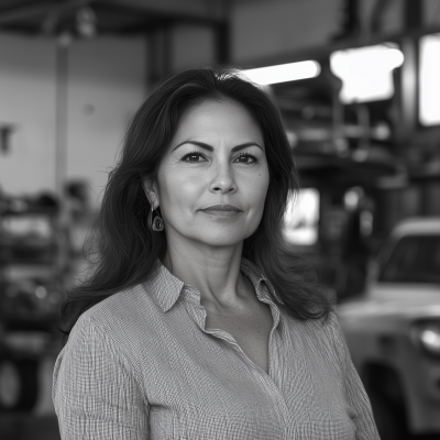 Black and White Portrait of a Hispanic Woman in Auto Repair Shop