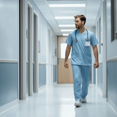 Male Nurse Walking Next to a Door