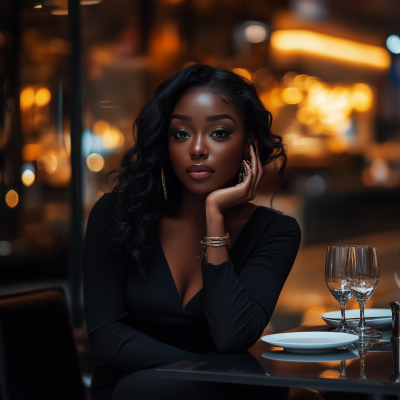 Elegant Black Woman at Luxury Mall Restaurant