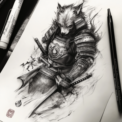 Samurai and Wolf Tattoo Sketch