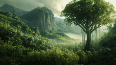 Surreal Forest and Mountain with Tree Giant