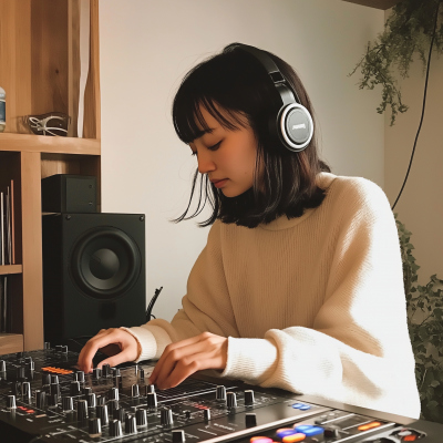 Female DJ in Room with Bookshelf Background