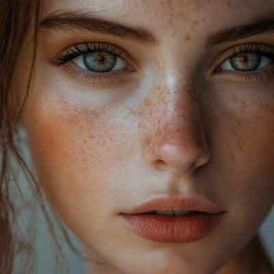 Award-winning close-up portrait of a beautiful model with large eyes and freckles