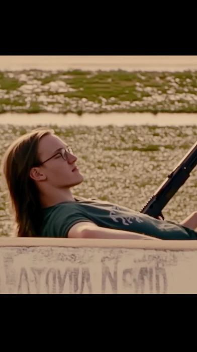 Young man with M16 rifle on rooftop