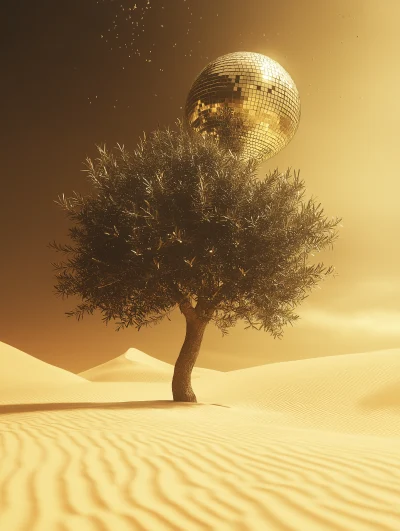 Surreal Olive Tree in Atlantic Dunes with Disco Ball