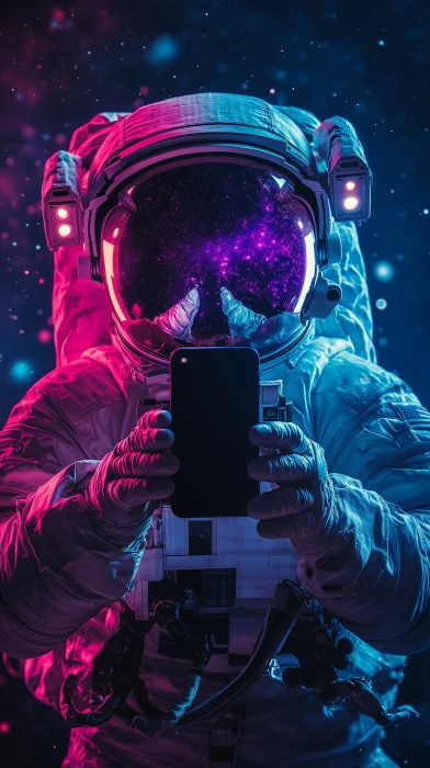 Astronaut with Black Smartphone in Neon Background