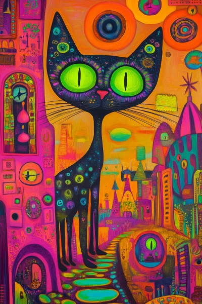 Happy Cat in a Colorful 60’s Style Acid Trip Art House