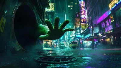 Ninja Turtle Hand Reaching from Sewer