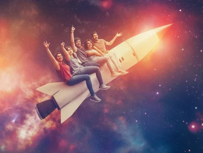 Happy People Riding on a Rocket in Space