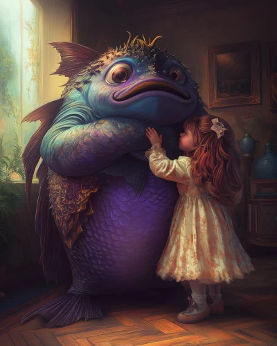 Anthropomorphic Blue Fish and Little Girl Hug