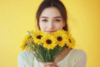 Young Woman Holding Bouquet of Flowers