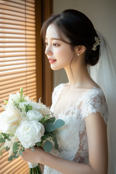 Korean Bride with Flower Bouquet