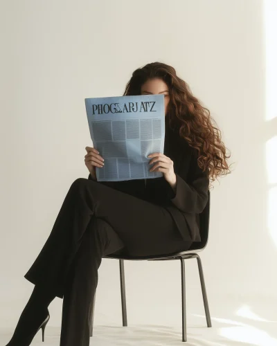 Woman in Classic Suit Reading Newspaper