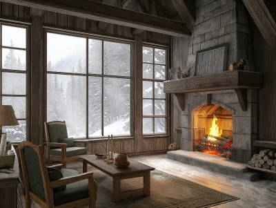 Rustic Cabin Interior with Fireplace