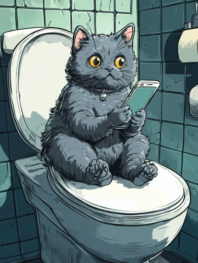 Anthropomorphic British Shorthair Cartoon on Toilet