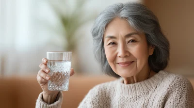 Smiling Elderly Asian Woman Holding Glass of Water