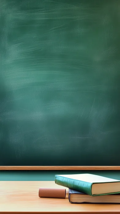 Green Blackboard with Books and Chalkboard Eraser