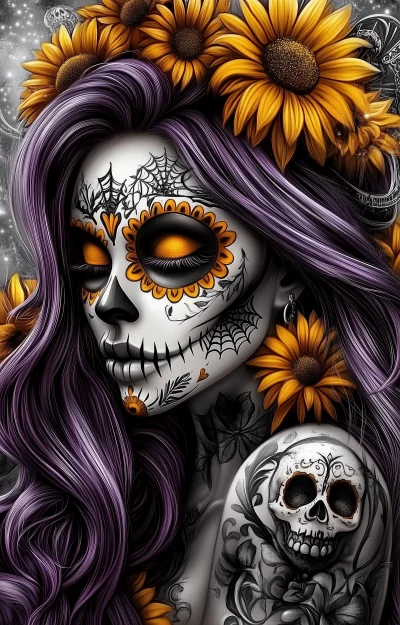 Purple haired woman with white skull