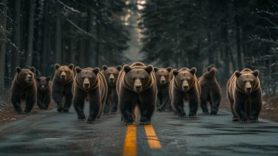 Group of Hyperrealistic Grizzly Bears Emerging from Woods