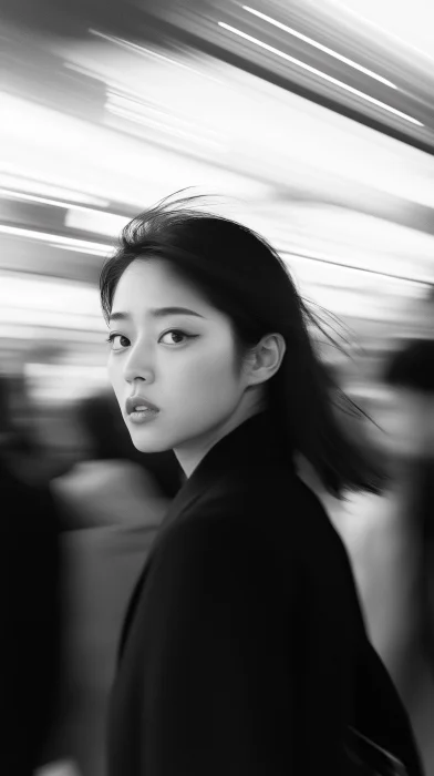 Elegant Japanese Woman in Blurred Crowd