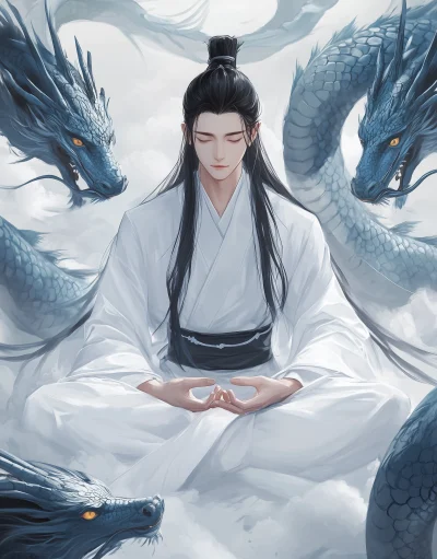 Meditating Anime Character with Dragons