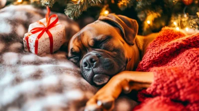 Cute Boxer by the Christmas Tree