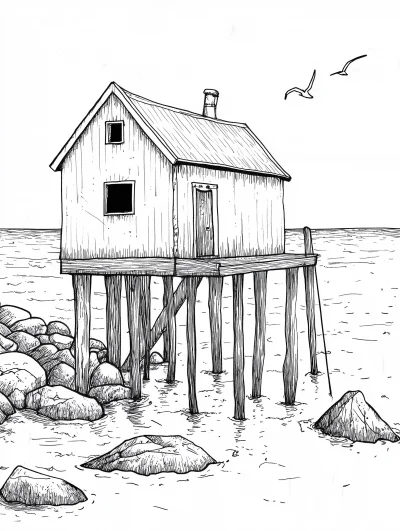 Minimalist Seaside Cabin Drawing