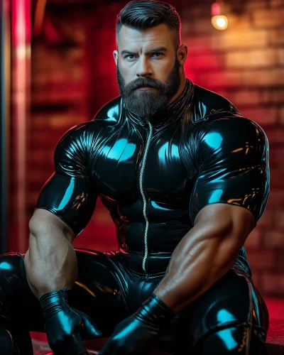 Muscular Male Model in Latex Suit