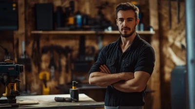 Male Model in Black Shirt in Garage