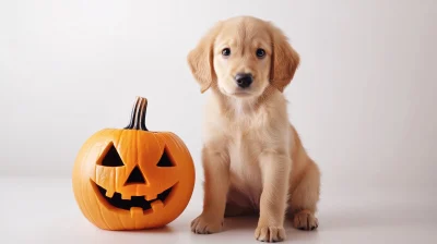 Puppy with Halloween Jack-o’-Lantern