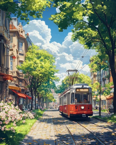 Tram on a Beautiful Street