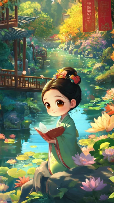 Girl in Hanfu reading near West Lake